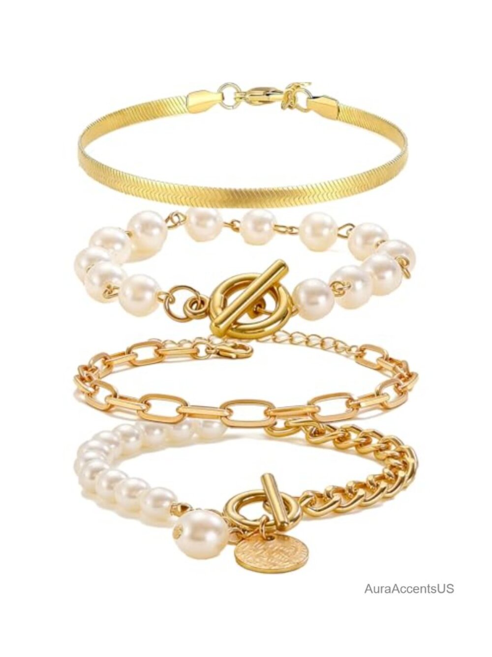 14K Gold Plated Multilayer Bracelet Set with Faux Pearls, Titanium Steel,